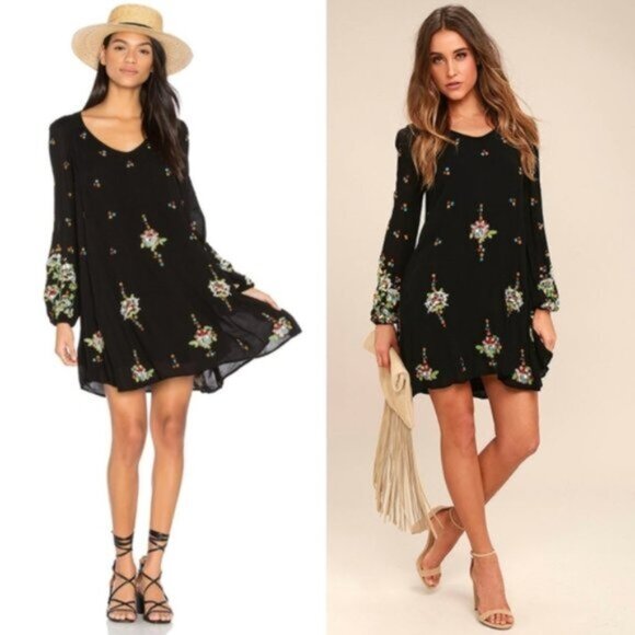 Free People Oxford Black Embroidered Swing Dress Floral size XS Oversized Boho - Picture 3 of 16